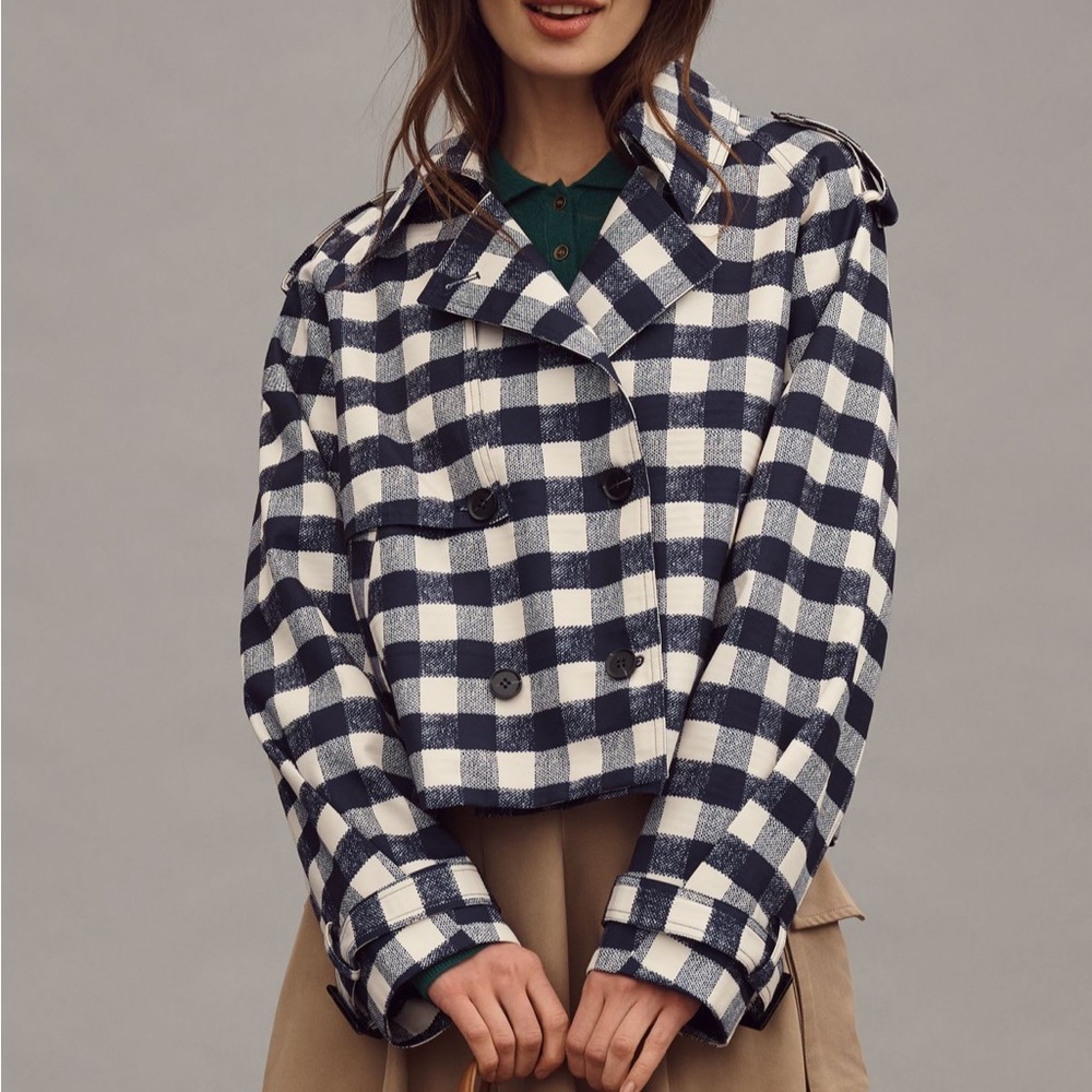 Maeve Navy and White Checkered Crop Trench Coat